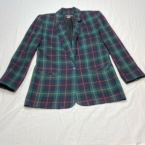 Vintage Green & Navy Plaid Wool Blazer Jacket